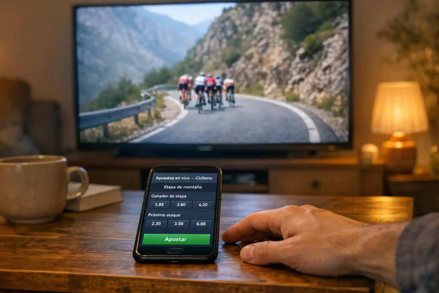 Pantalla de televisión mostrando una etapa del Tour de Francia en directo con ciclistas en fuga