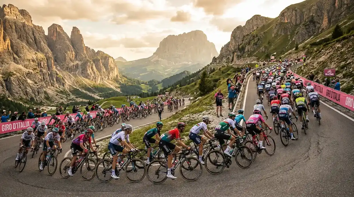 Pelotón del Giro de Italia ascendiendo un puerto de montaña en los Dolomitas