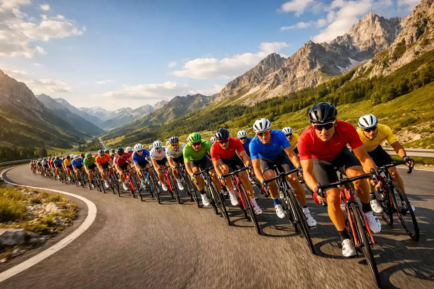 Pelotón del Tour de Francia avanzando por una carretera de montaña con paisaje alpino al fondo