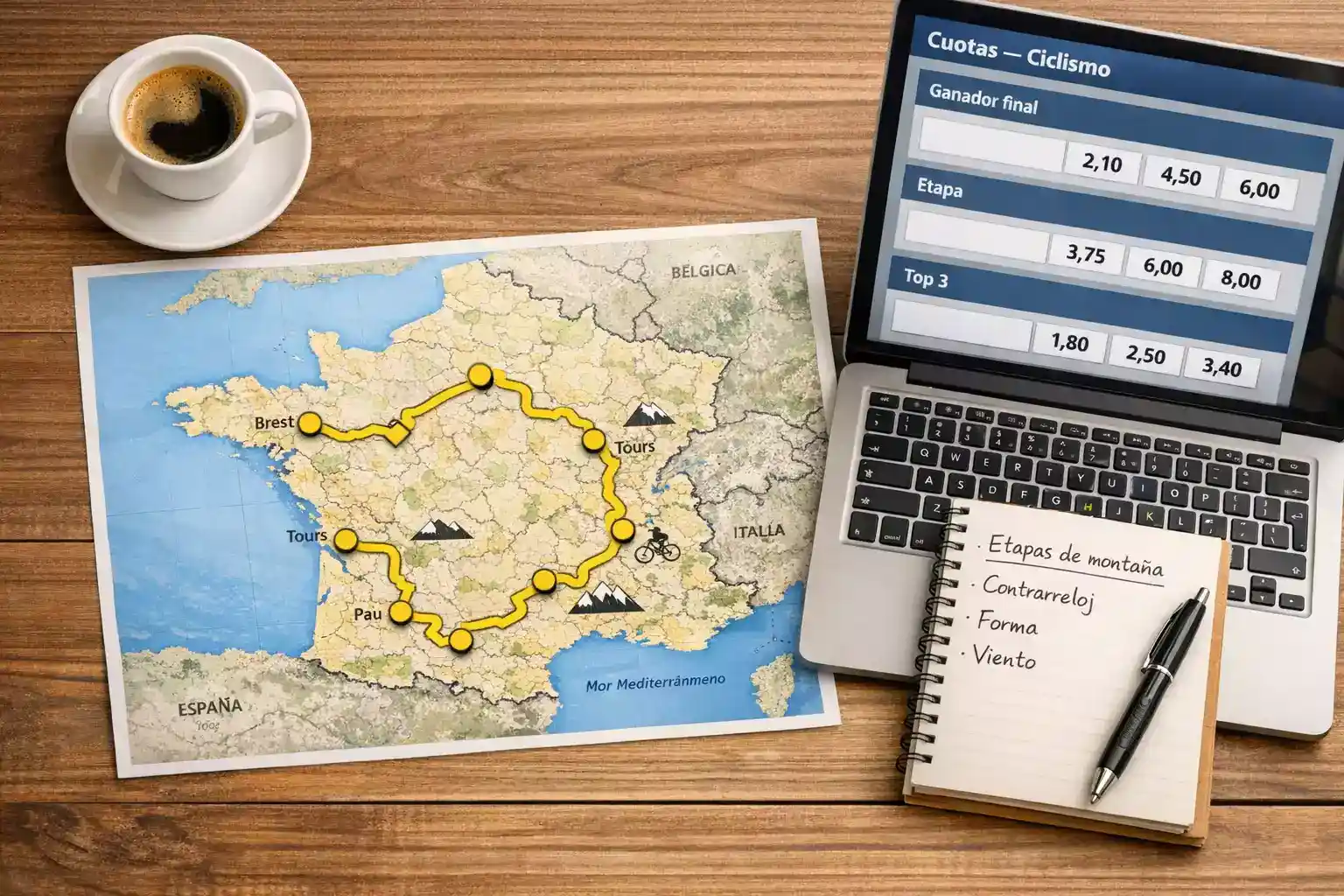 Cuotas de apuestas en ciclismo del Tour de Francia mostradas en una pantalla junto a un mapa del recorrido