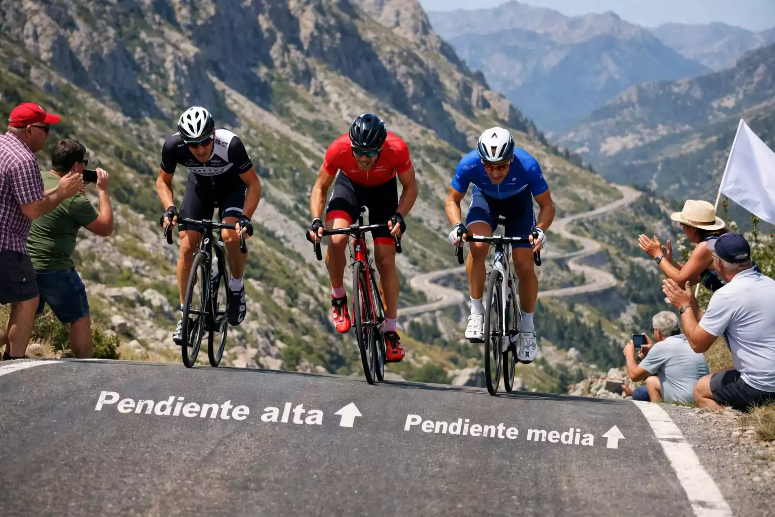 Ciclistas escalando un puerto de montaña durante una etapa del Tour de Francia con aficionados en la carretera