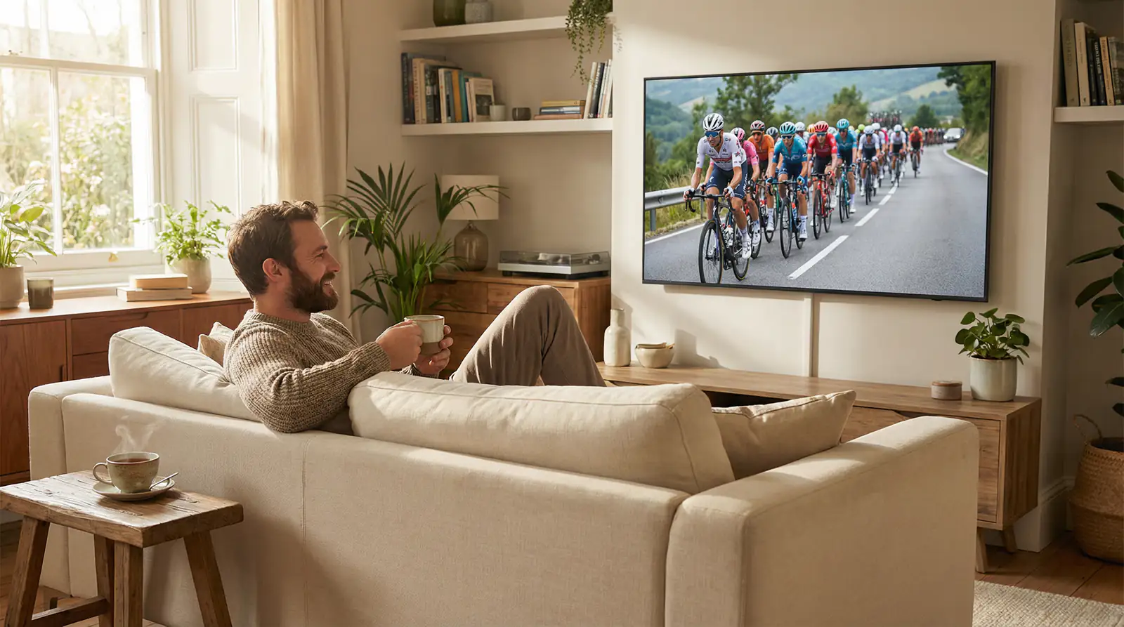 Persona disfrutando de una carrera ciclista en televisión de forma relajada y controlada
