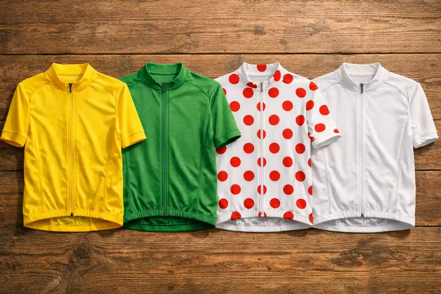 Cuatro maillots del Tour de Francia — amarillo, verde, lunares y blanco — expuestos sobre una mesa de madera