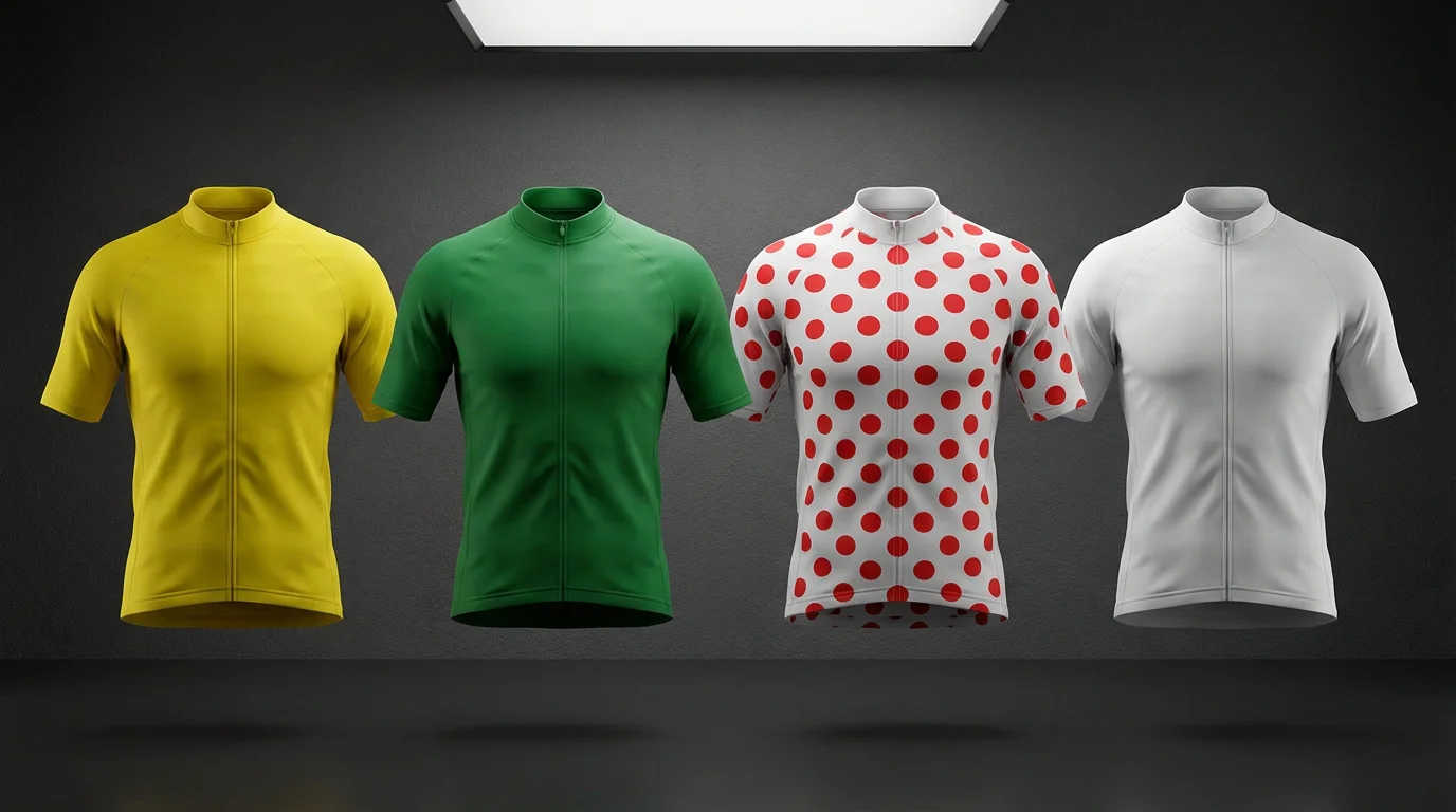 Cuatro maillots del Tour de Francia: amarillo, verde, lunares y blanco en el podio
